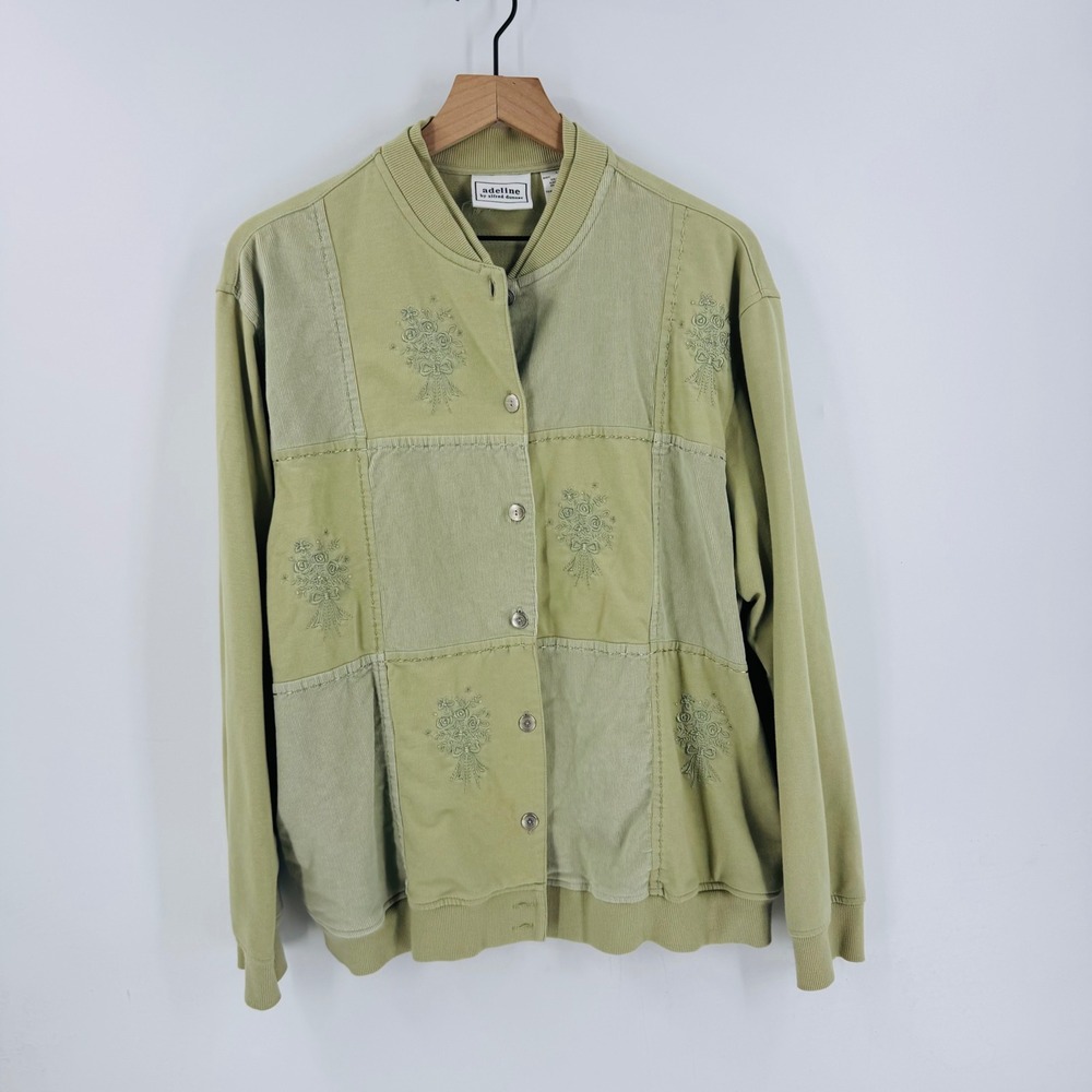 Vintage Pale Green Patchwork Floral Embroidered Corduroy‎ Jacket Size L Cottage